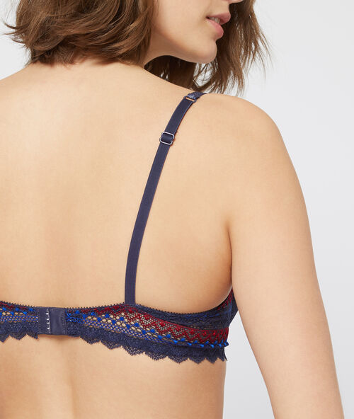 Soutien-gorge corbeille en dentelle géométrique marine.