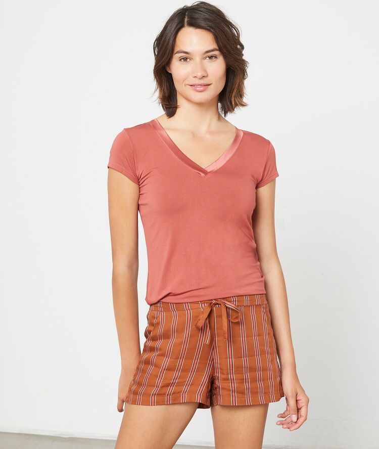 Camiseta escote en v de viscosa, motivos satinados rojo teja.