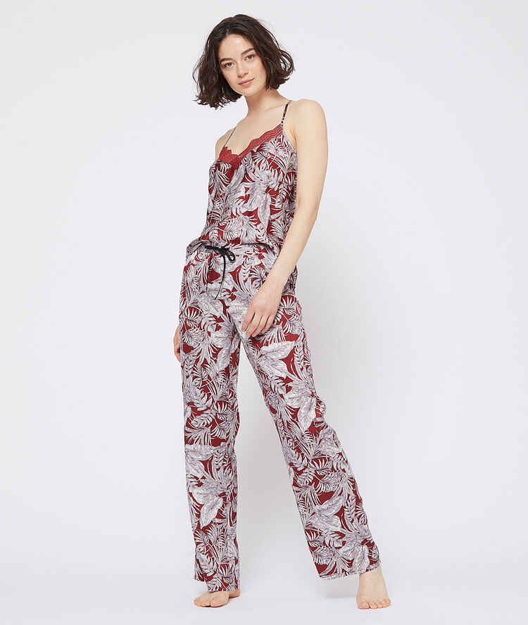 Pantalón estampado de hojas teja.