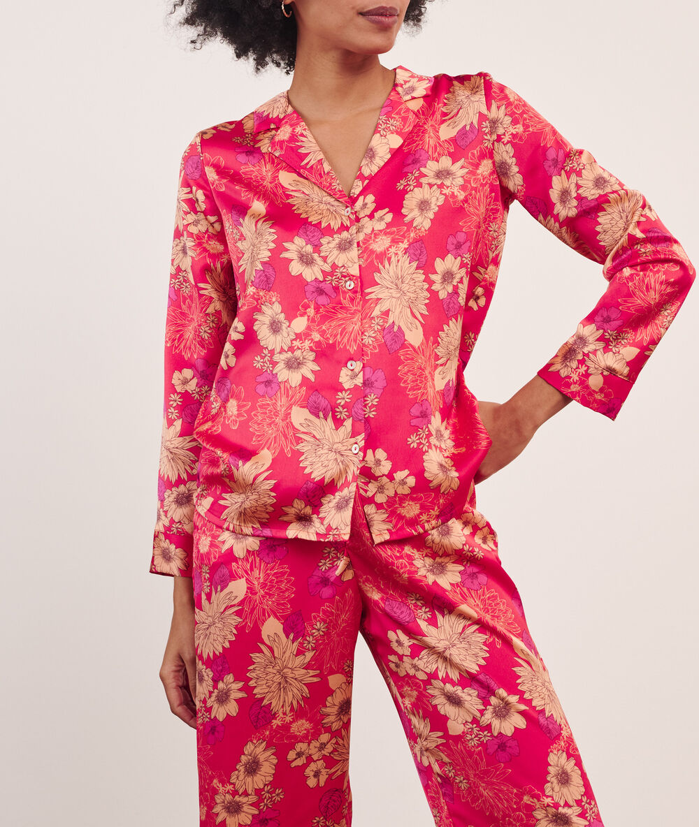Camisa pijama de satén, estampado floral bermellón.