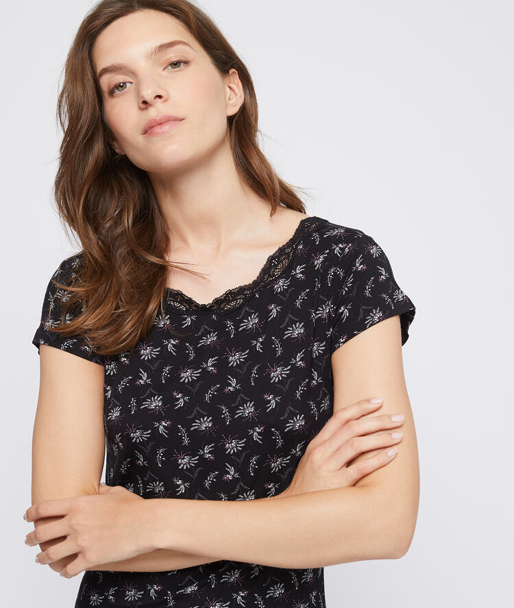 Camisón de viscosa estampado floral negro.