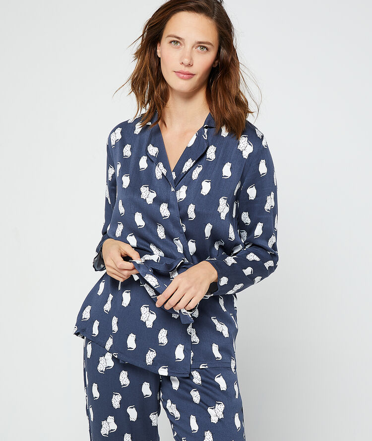 Camisa pijama estampado gatos azul.
