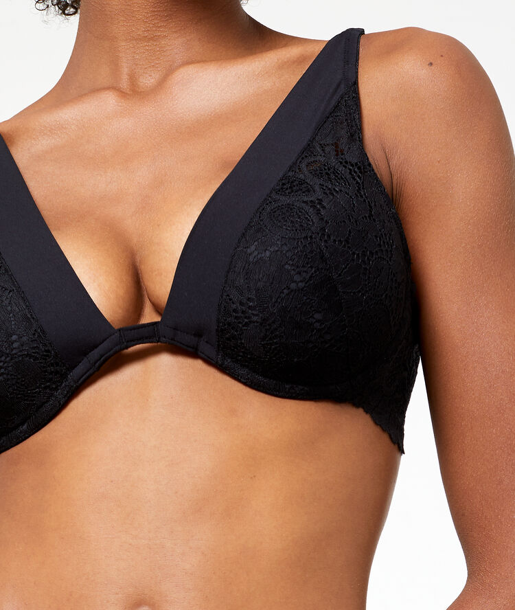 Sujetador triangular con foam encaje floral. copa d-e negro.
