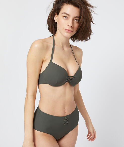 Sujetador bikini push up cordones caqui.