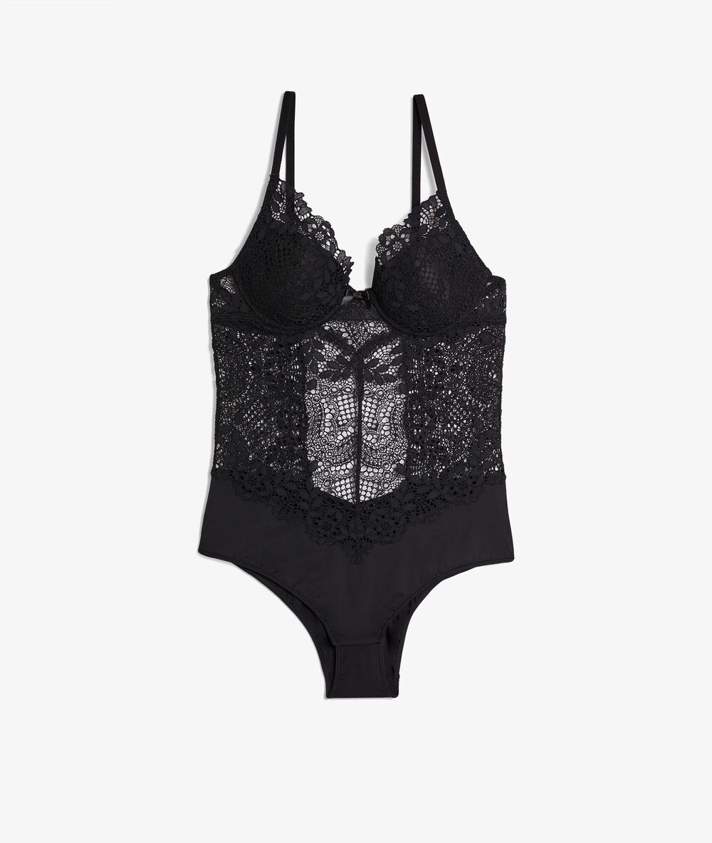 Body de encaje, espalda abierta. copa b-d negro.