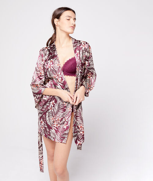 Bata tipo kimono de satén estampado floral Bata tipo kimono de satén estampado floral
