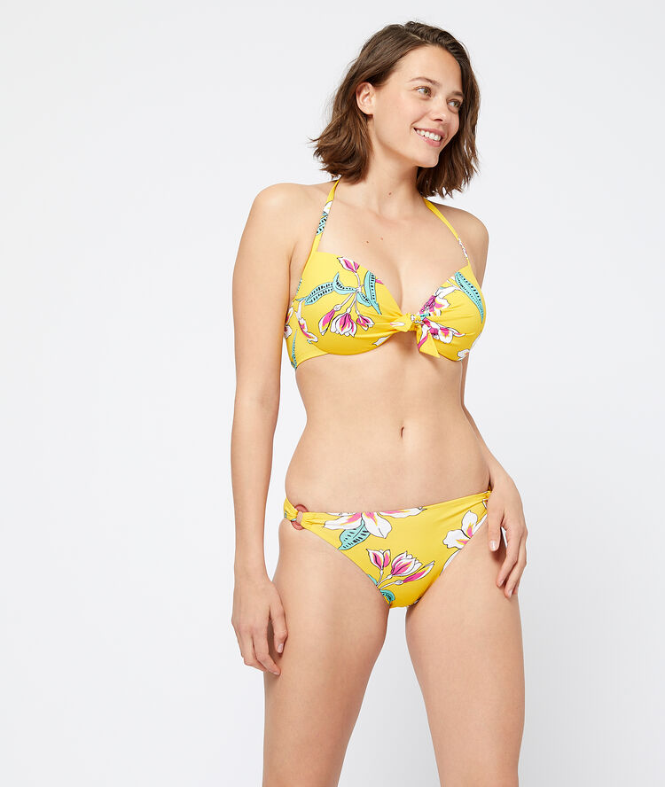 Sujetador bikini con foam, lazo delantero amarillo.