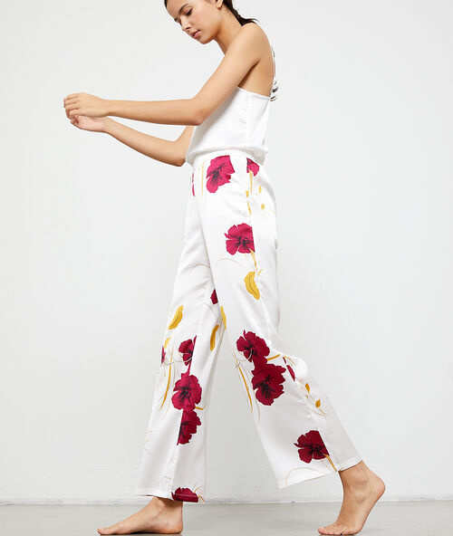 Pantal&oacute;n de sat&eacute;n estampado amapolas crudo.