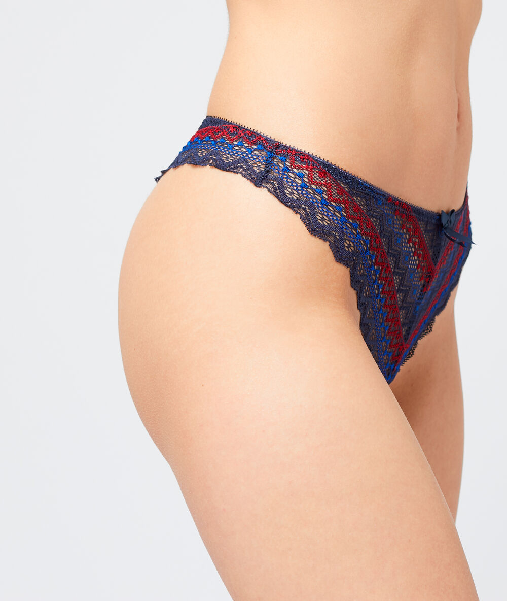 Tanga de encaje gráfico azul marino.