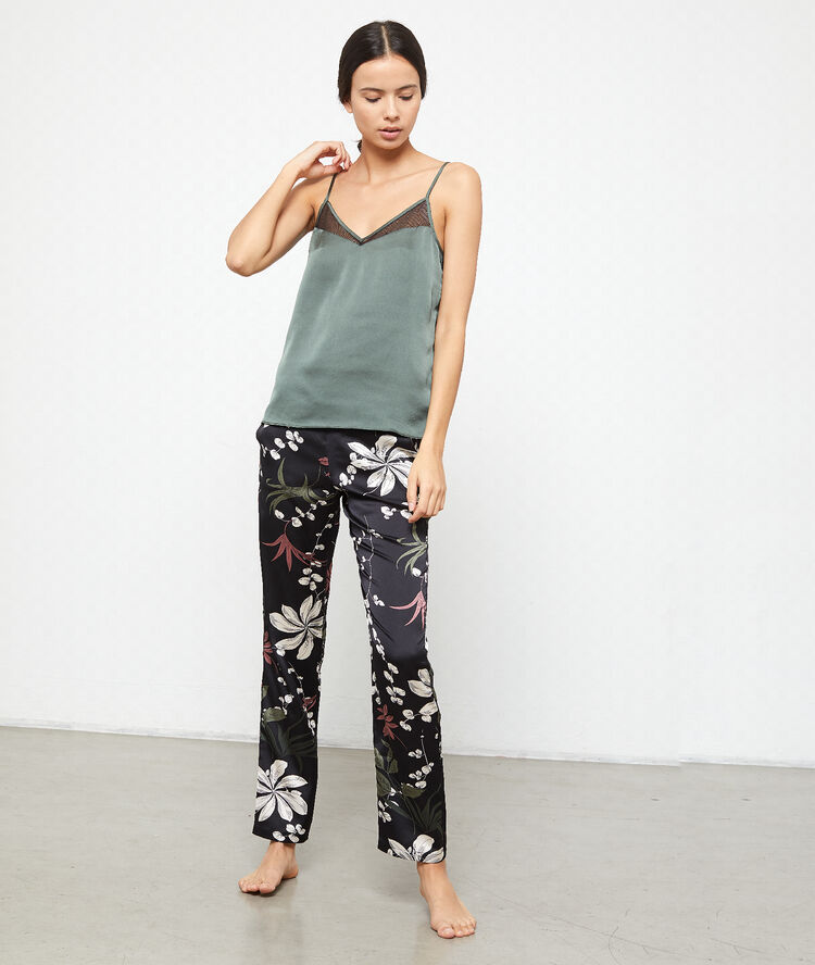 Pantalón de satén estampado floral negro.