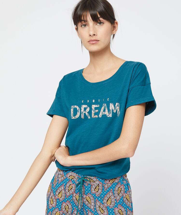 Camiseta con mensaje estampado turquesa.