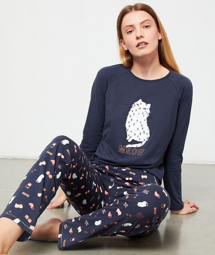 Pantalón estampado gato azul.