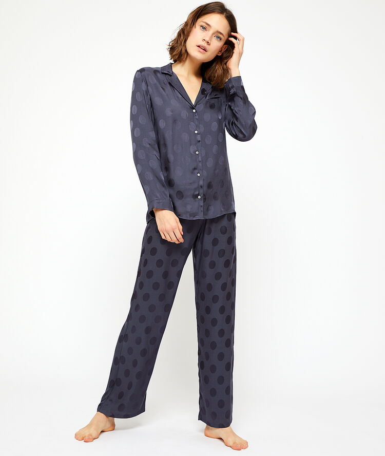 Camisa pijama satén estampado de lunares antracita.