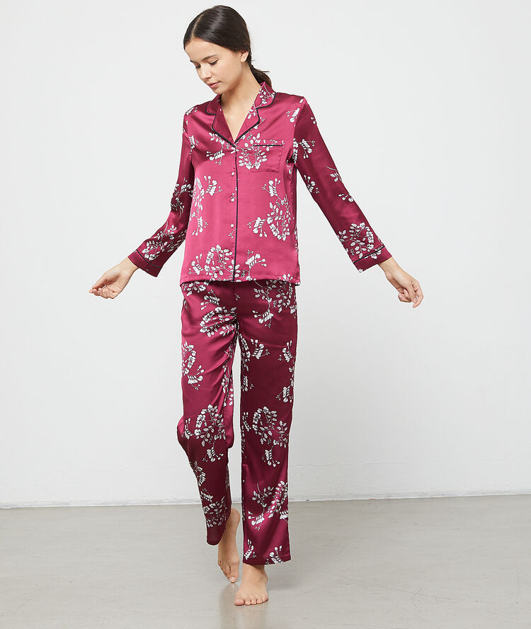 Camisa pijama de satén estampado floral violeta.
