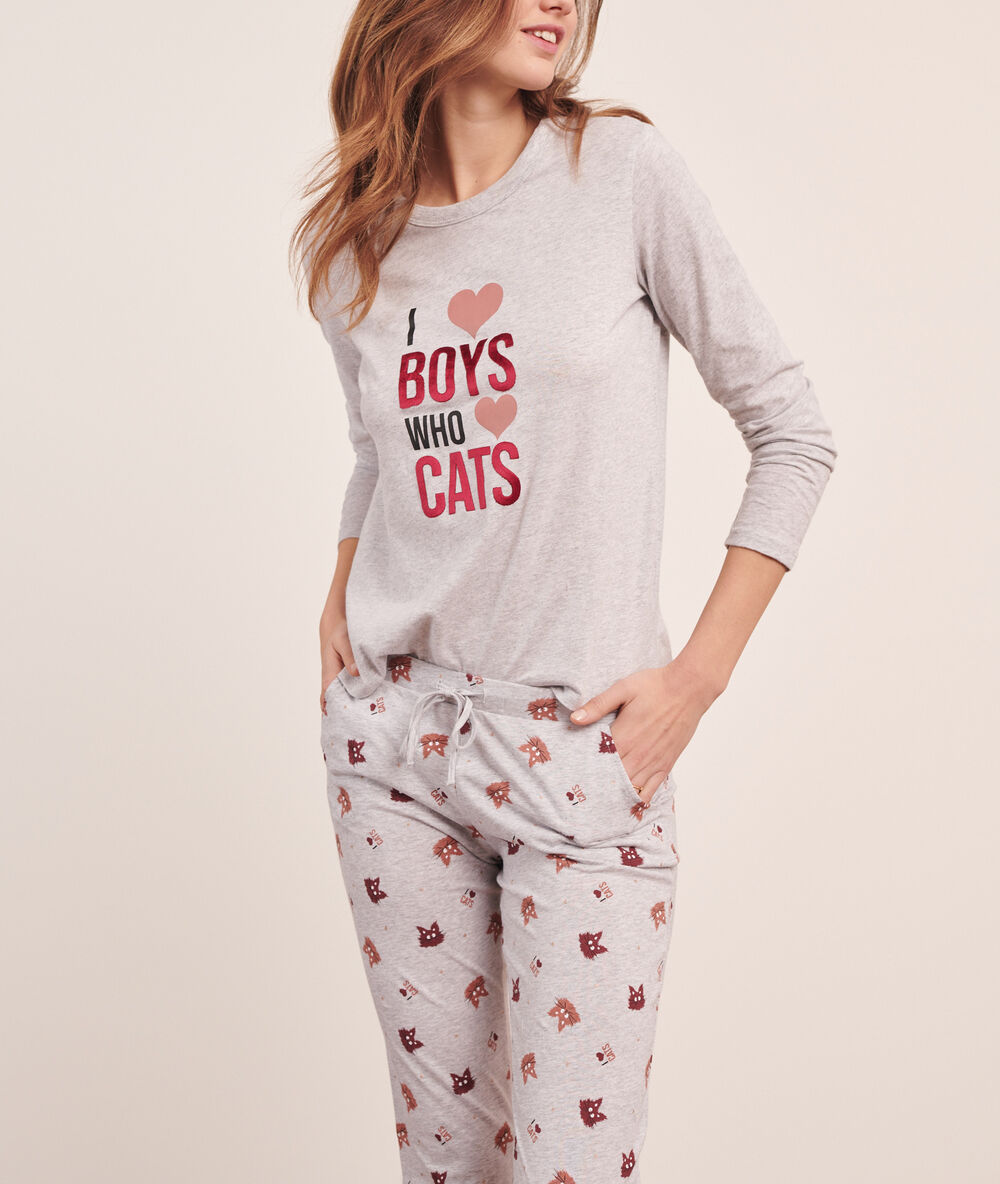 Pijama 3 piezas 'i love boys who love cats' c.gris.