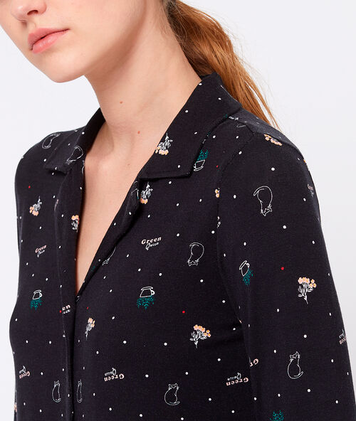 Camisa pijama estampado felinos. viscosa ecoresponsable negro.