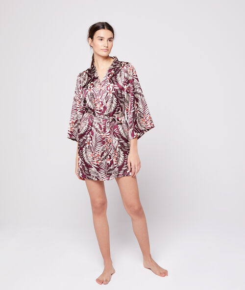 Bata tipo kimono de satén estampado floral burdeos.