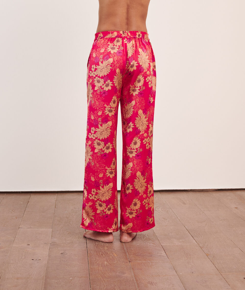Pantalón de satén, estampado floral bermellón.