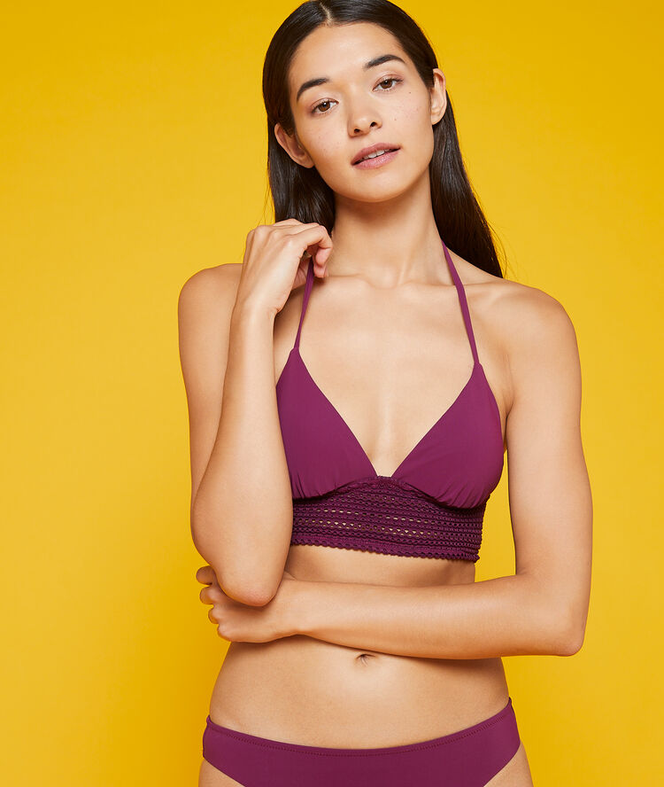 Sujetador bikini triangular con corpiño bordado ciruela.