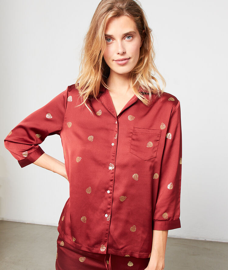Camisa pijama de satén estampado hojas terracota.