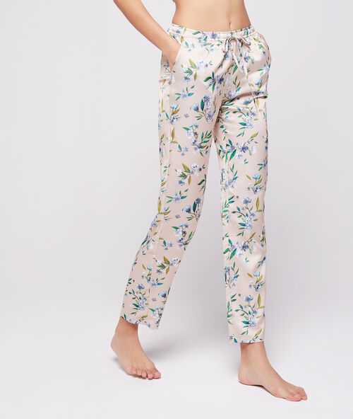 Pantalón de satén estampado floral c.beige rosa.