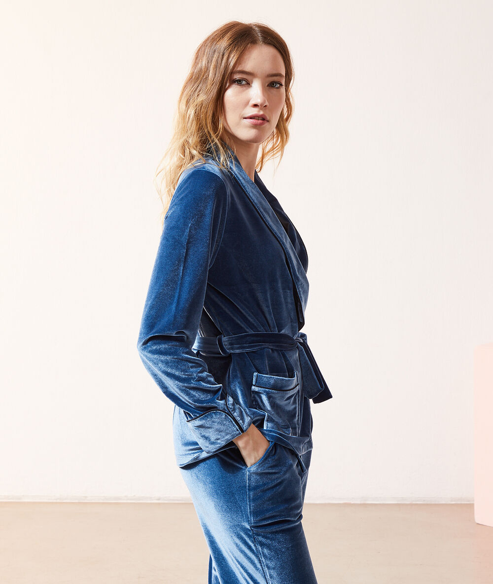 Chemise de pyjama velours bleu petrole.