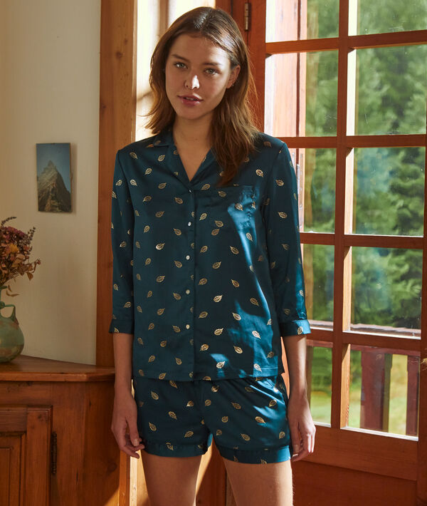Camisa pijama de satén estampado hojas Camisa pijama de satén estampado hojas