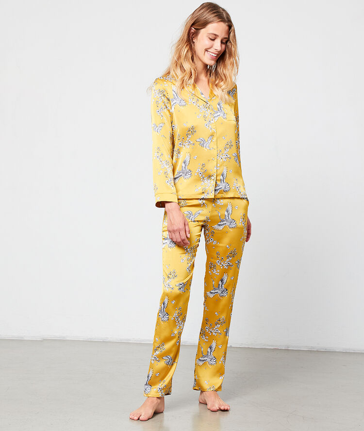 Pantalón de satén estampado pájaros anís.