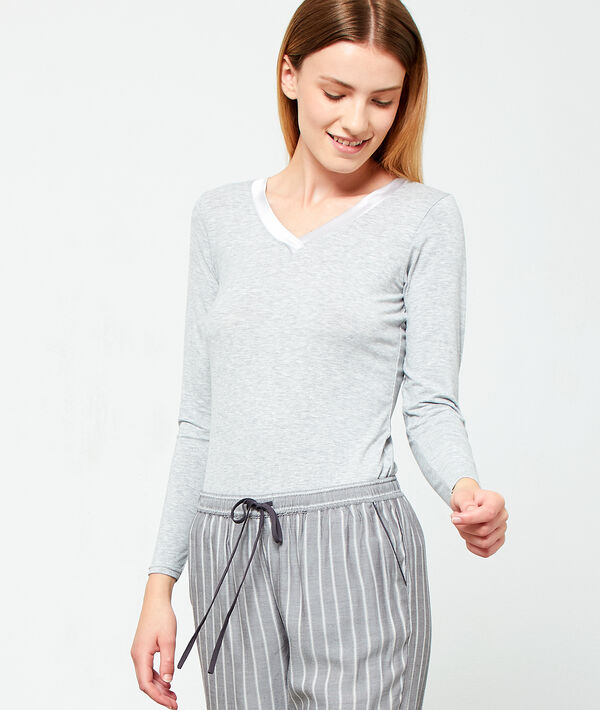 Camiseta escote en v de viscosa, motivos satinados - WARM ME UP - XS - Gris - Mujer - Etam