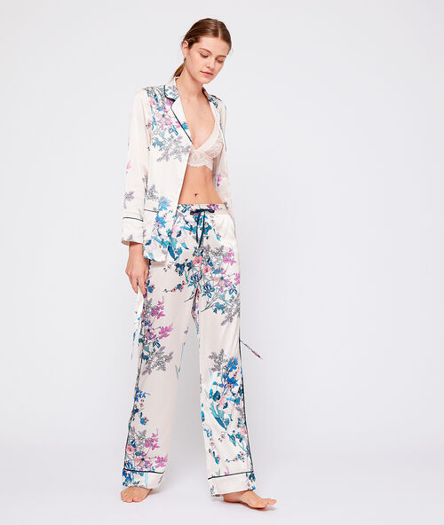 Pantalón de satén estampado floral crudo.