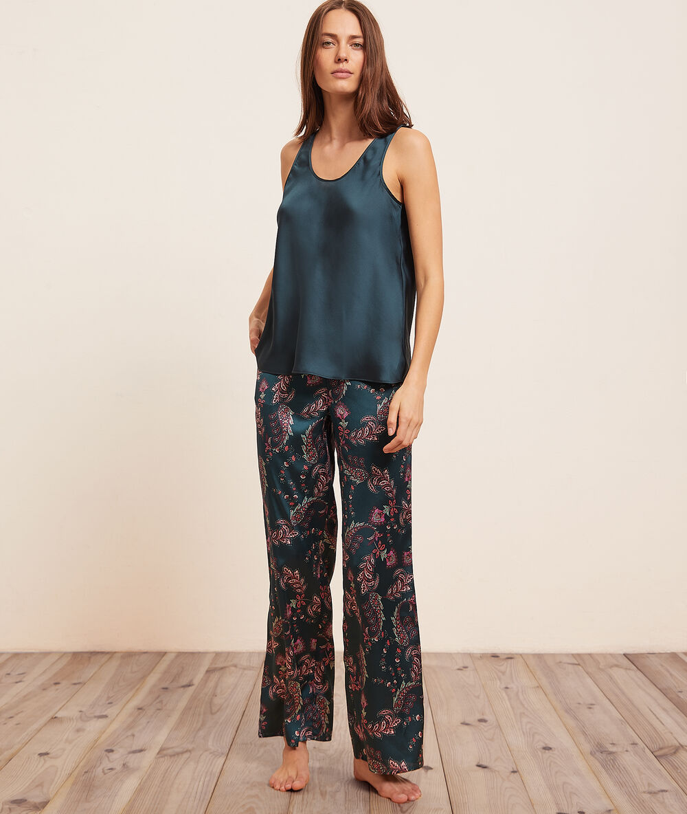 Pantalón de satén estampado verde.