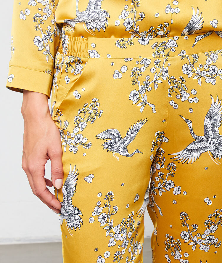 Pantalón de satén estampado pájaros anís.