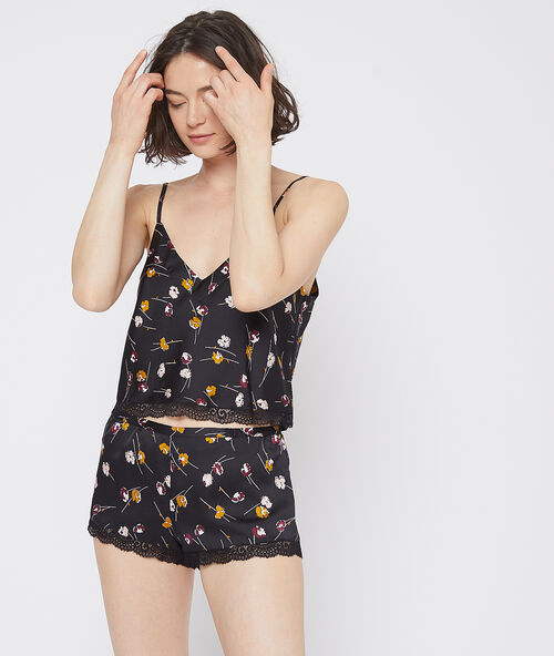 Pantal&oacute;n corto sat&eacute;n estampado floral negro.