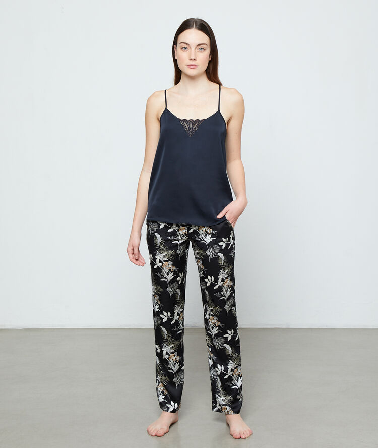 Pantalón de satén estampado hojas negro.