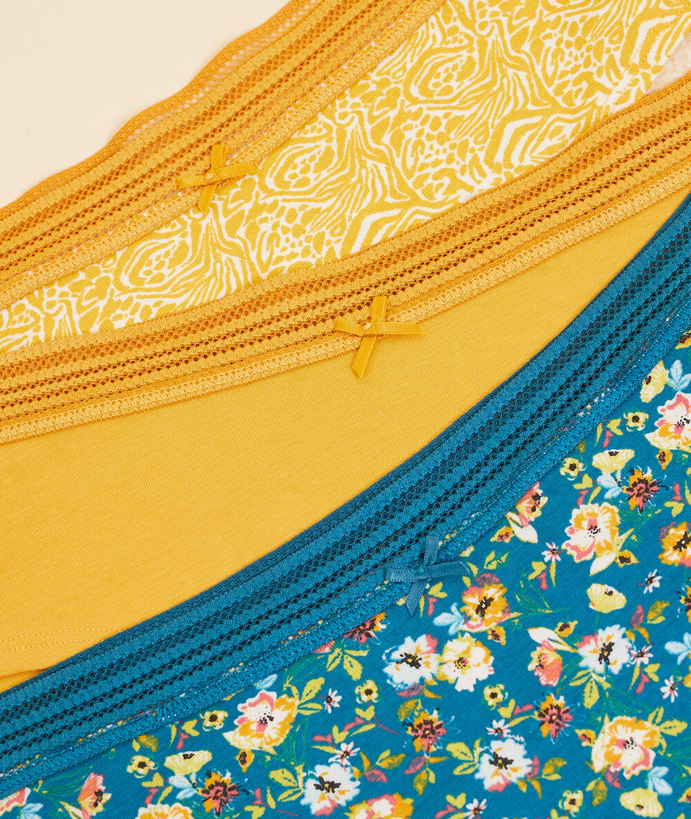 Lote de 3 culotes estampados de algodón amarillo.