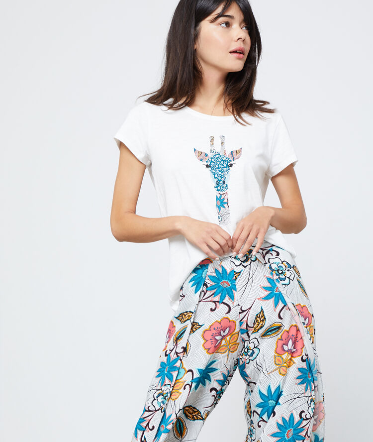 Camiseta de algodón estampado jirafa crudo.