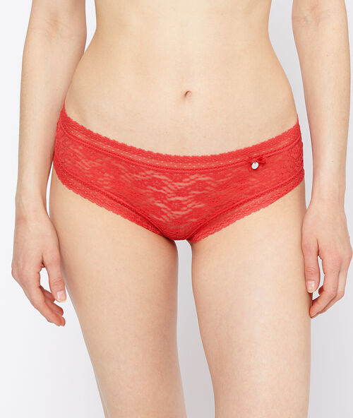 Braguita brasile&ntilde;a de encaje floral melocot&oacute;n.