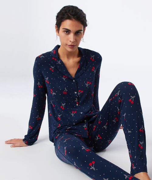Camisa pijama estampado cerezas azul marino.