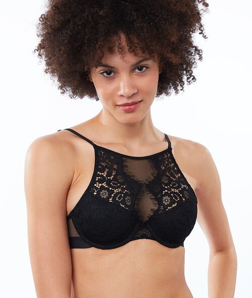 Bralette con foam de encaje floral. copa b-e negro.