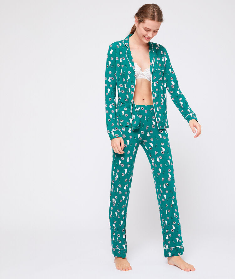 Pantalón estampado felinos. viscosa ecoresponsable verde.