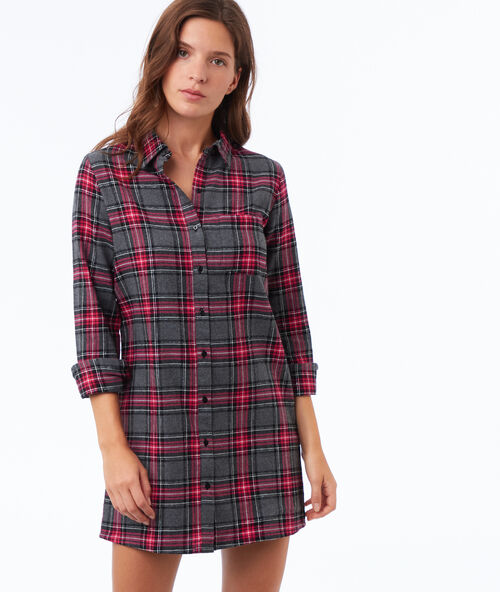 Camisón manga larga estampado de cuadros antracita.