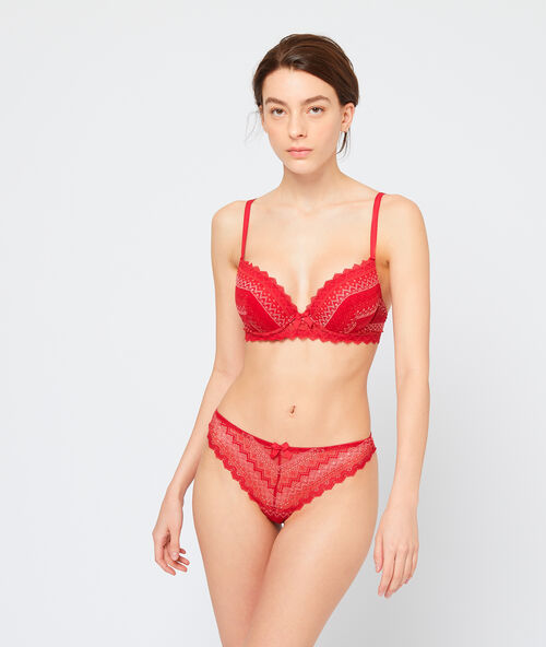 Tanga de encaje gráfico rojo teja.