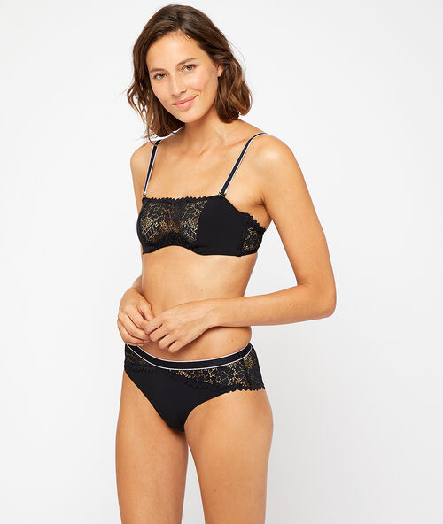 Braguita brasileña de encaje y microfibra negro.