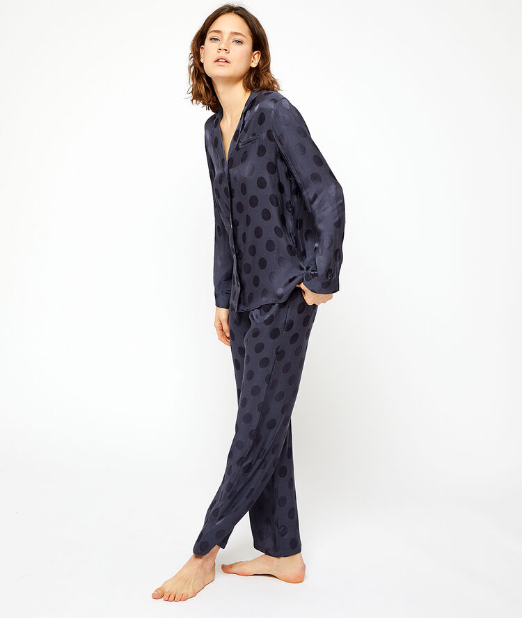 Camisa pijama satén estampado de lunares antracita.
