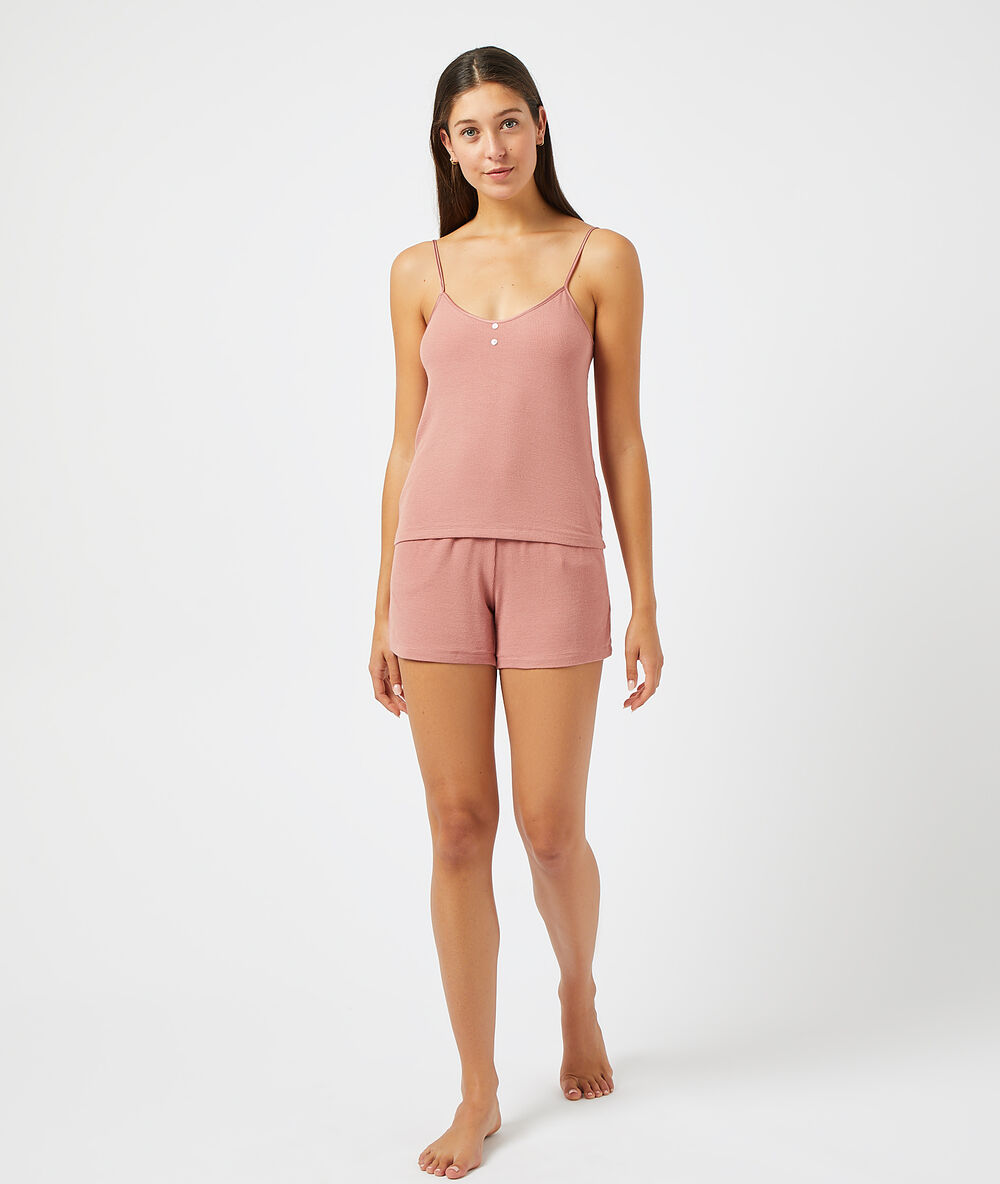 Pantalón corto, tejido canalé rosa.