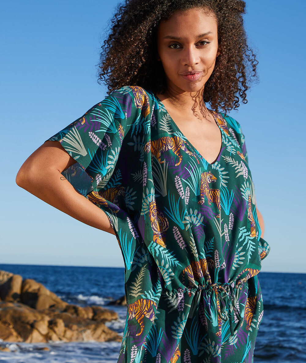 Túnica de playa estampado tropical multicolor.