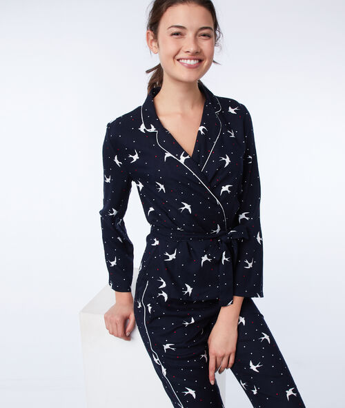 Camisa pijama estampado pájaros azul noche.