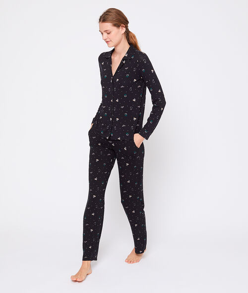 Camisa pijama estampado felinos. viscosa ecoresponsable negro.