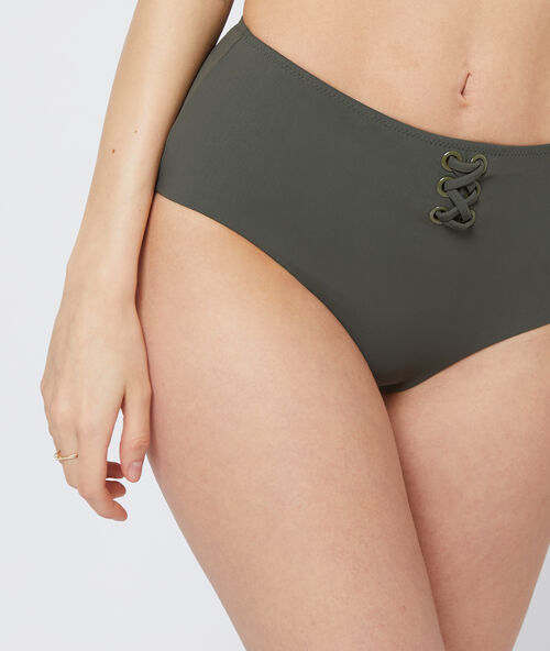 Braguita bikini talle alto cordones cruzados caqui.
