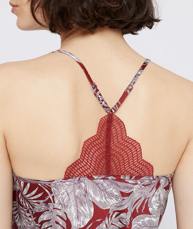 Top de satén estampado hojas rojo teja.